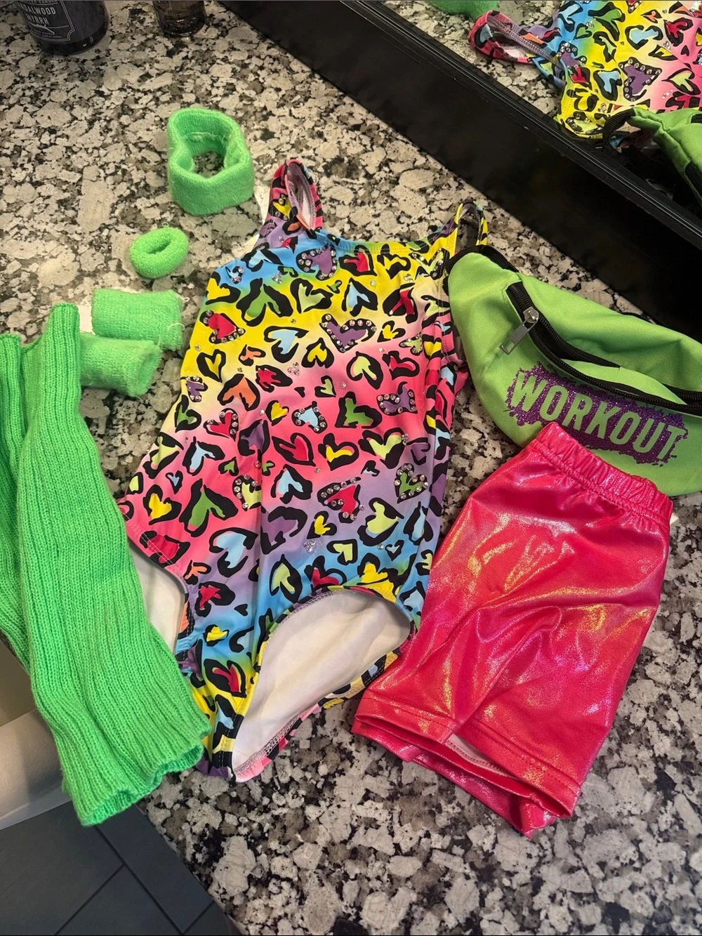 Neon Heart Print Leotard with Pink Metallic Shorts
